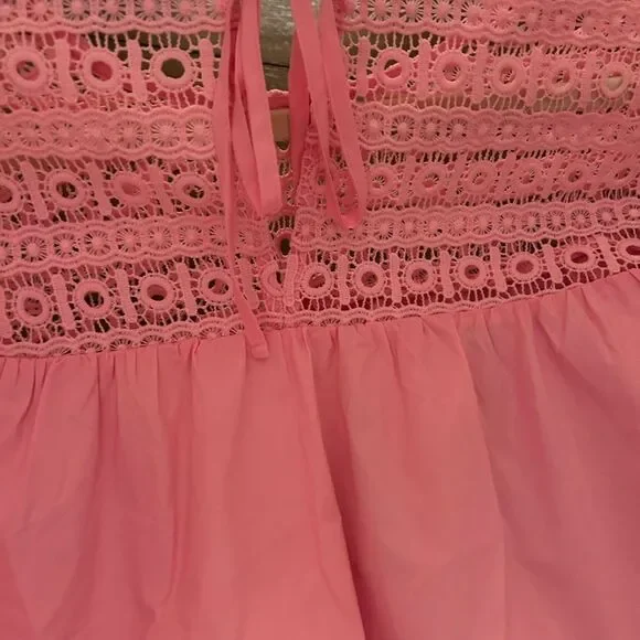 Anthropologie Endless Rose Pink Lace Poplin Bell Sleeve Blouse Large TJ027T - Picture 8 of 14